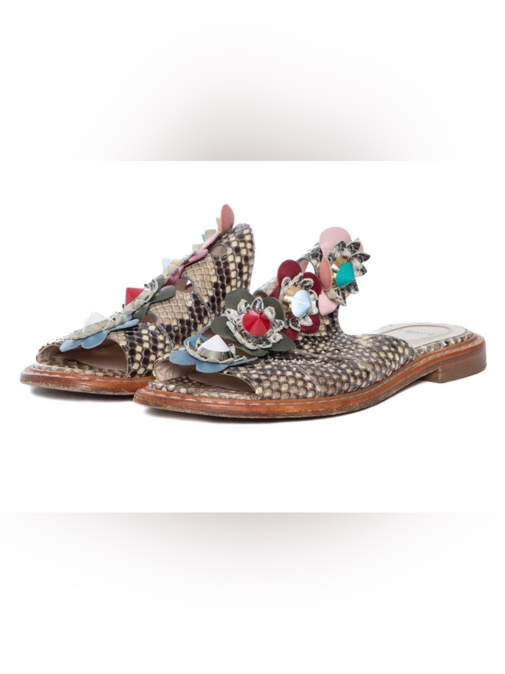 Fendi Multicolor Floral Appliqué Snake-Print Slide Sandals
